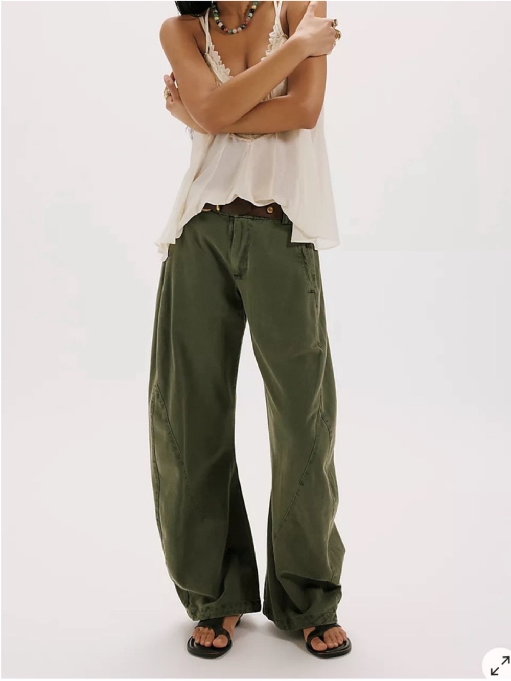 Free People Spotlight Washed Barrel Chino Trousers 2 Tall Dusty Olive NWT Wide